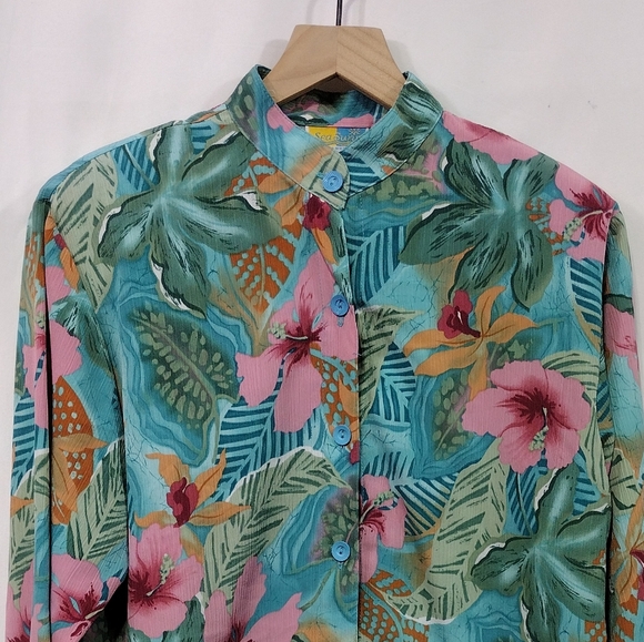 Sea Suns Made in U.S.A. Floral Button Shirt Womens XL Green Pink Tropical Retro - Picture 2 of 7